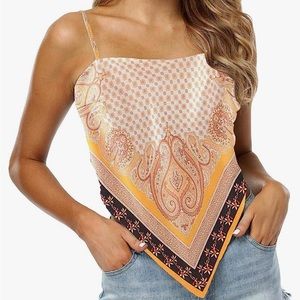 Women’s Yellow Paisley Print Tie Back French Knot Handkerchief Crop Top M